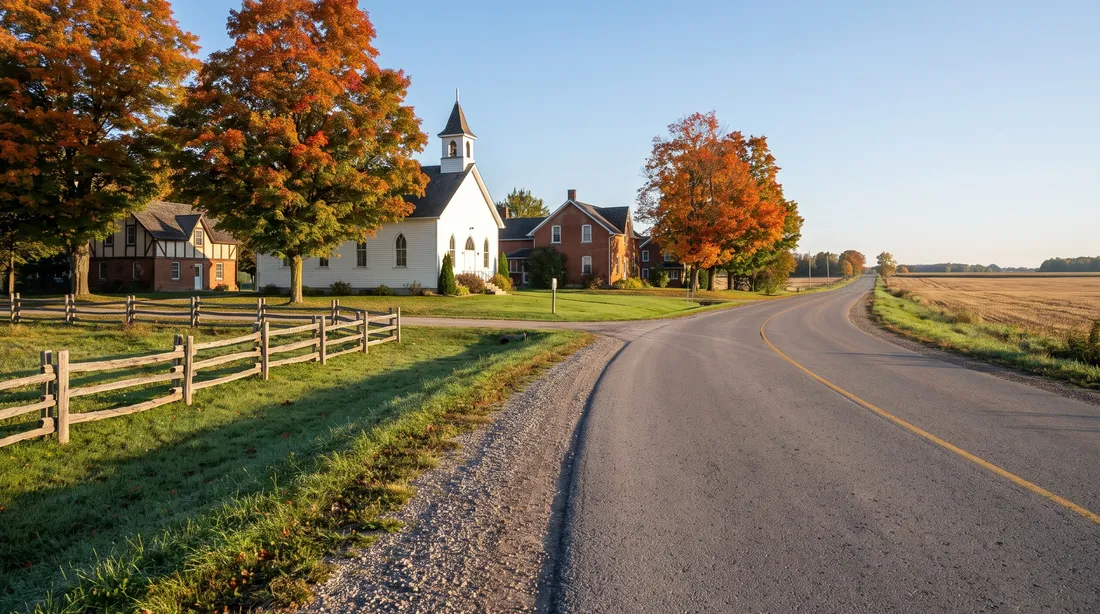County road through a Kawartha hamlet at dawn