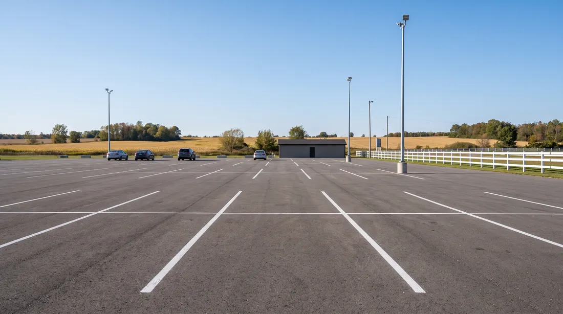 Paved parking lot by a racetrack, autumn fields beyond