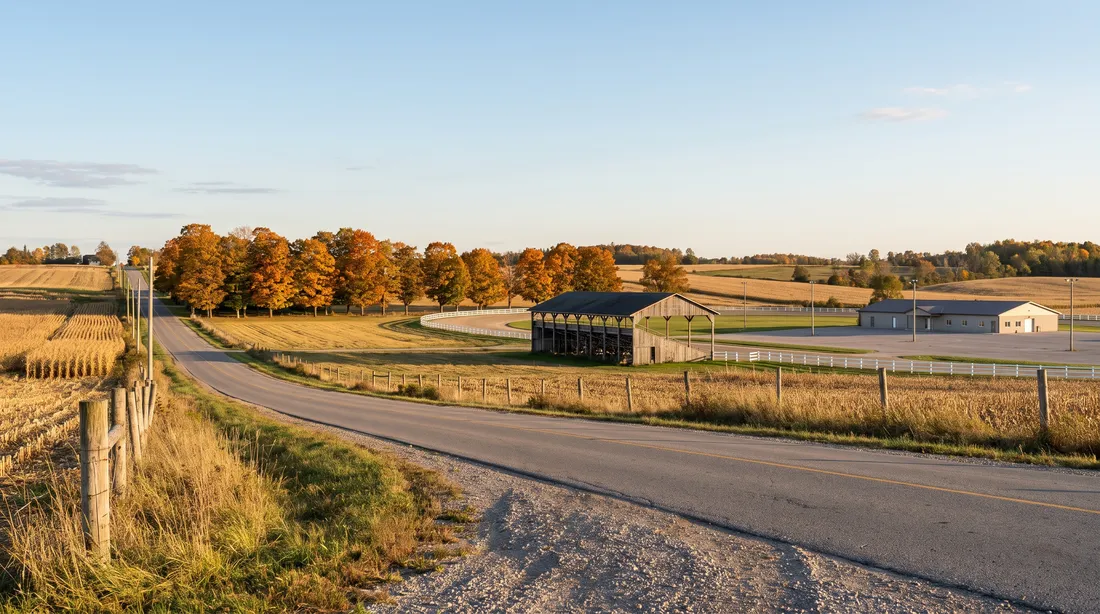 Two-lane county road through autumn farmland